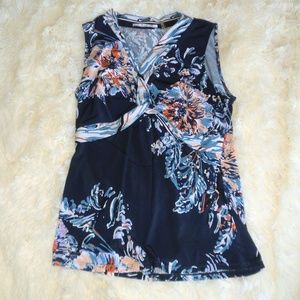 Tahari Sleeveless Floral Blouse Navy Coral XS